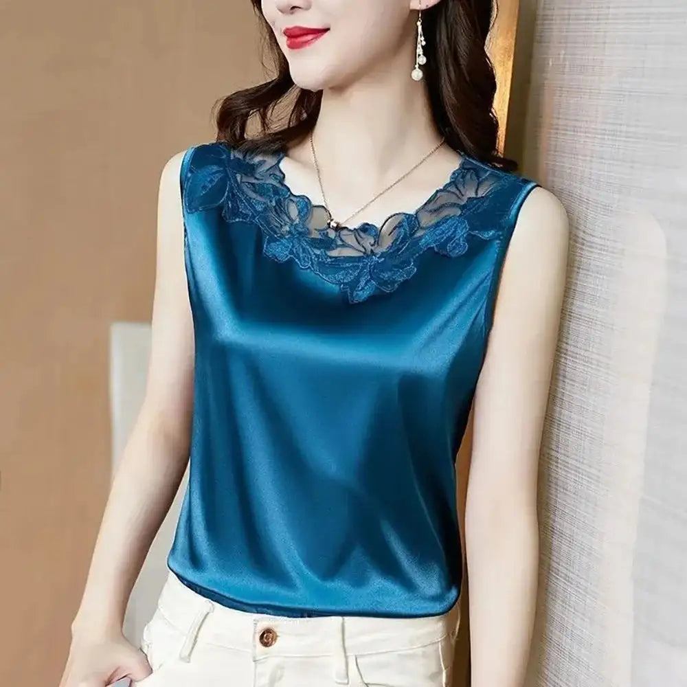 Nueva ropa de mujer, chaleco, camiseta sin mangas, traje de mujer, forro de encaje, verano 2024, nuevo top sin mangas de satén de seda, chalecos con tirantes