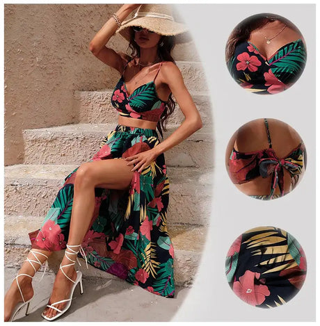 Y2K Bikini Crop Tops Long Dress Sexy Set for Women Summer Fashion Two Pieces Skirt Beach Style Floral Print Midi Sexy Boho Sets - Lootquake