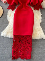 Sexy Hollow Out Lace Bodycon Long Dress Women Elegant Red/Pink/White Off Shoulder Patchwork Maxi Party Vestidos 2021 Autumn New - Lootquake