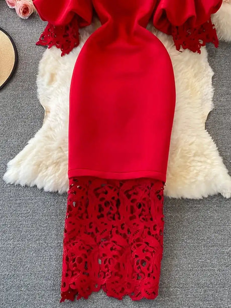 Sexy Hollow Out Lace Bodycon Long Dress Women Elegant Red/Pink/White Off Shoulder Patchwork Maxi Party Vestidos 2021 Autumn New - Lootquake
