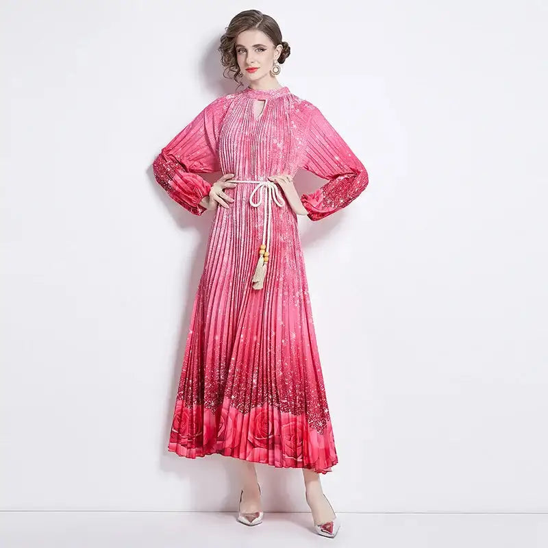 Spring Holiday Print Long Dress For Women Fashion Loose Lantern Sleeve Party Robe Female Big Swing Tassels Belt Pleated Clothes