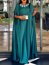 VONDA 2024 Elegant Women Satin Long Dress Autumn Maxi Sundress Elegant O-Neck 3/4 Bat Sleeve Casual Vestido Party Robe Oversize - Lootquake