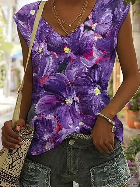 Plus Size Floral Print Tank Top, Casual V Neck Sleeveless Top For Summer, Women's Plus Size Clothing - Lootquake