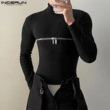 INCERUN Men T Shirts Solid Color Turtleneck Long Sleeve Fitness Streetwear Camisetas 2024 Hollow Out Zipper Casual Men Clothing - Lootquake