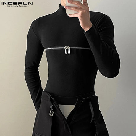 INCERUN Men T Shirts Solid Color Turtleneck Long Sleeve Fitness Streetwear Camisetas 2024 Hollow Out Zipper Casual Men Clothing - Lootquake