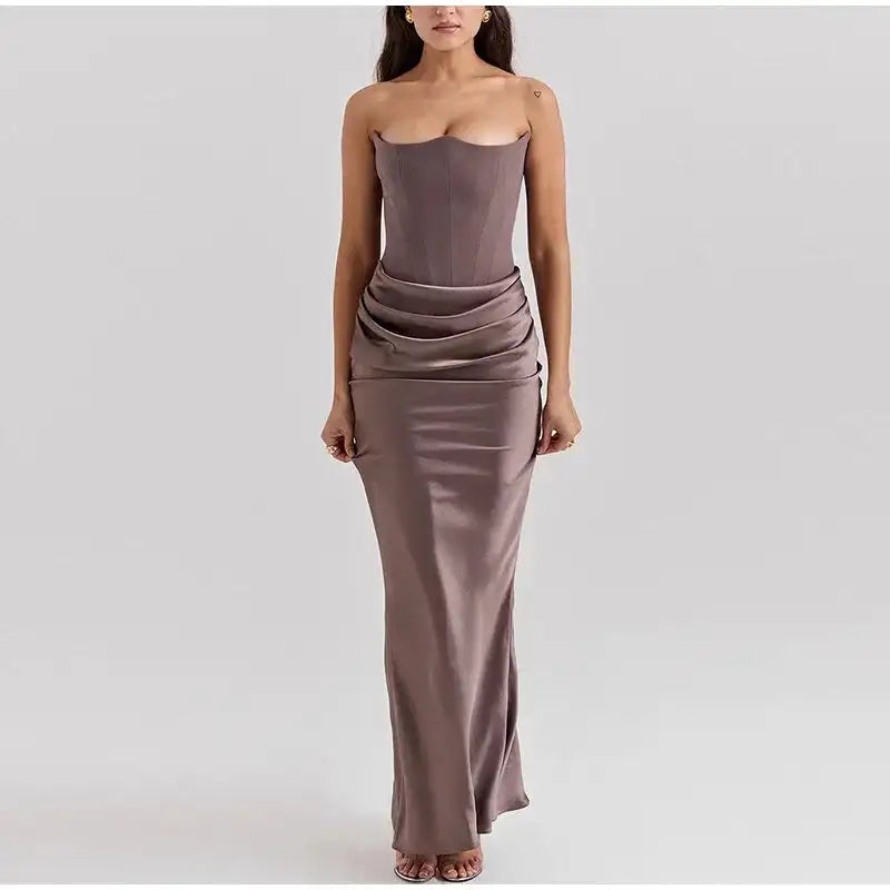 Sexy Strapless Patchwork Long Dress Women Slim Sleeveless Pleated Mermaid Dresses 2025 Spring Summer Lady Evening Solid Robe - Lootquake