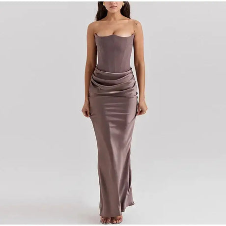 Sexy Strapless Patchwork Long Dress Women Slim Sleeveless Pleated Mermaid Dresses 2025 Spring Summer Lady Evening Solid Robe - Lootquake