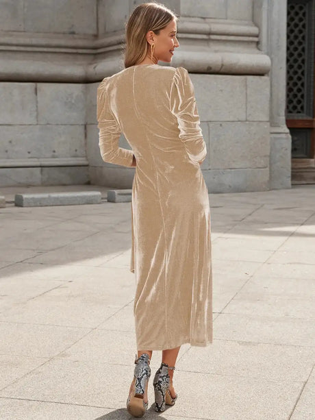 Elegant Solid Velvet Long Dress Women V-neck Wrap Long Sleeve High Waist Ruched Lace-up Birthday Dress Evening Sexy Party Vestid - Lootquake