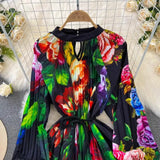 Spring Holiday Print Long Dress For Women Fashion Loose Lantern Sleeve Party Robe Female Big Swing Tassels Belt Pleated Clothes - Lootquake