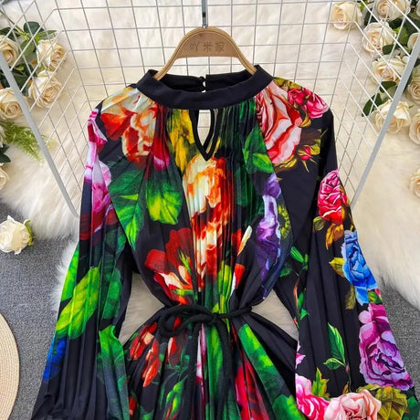 Spring Holiday Print Long Dress For Women Fashion Loose Lantern Sleeve Party Robe Female Big Swing Tassels Belt Pleated Clothes - Lootquake