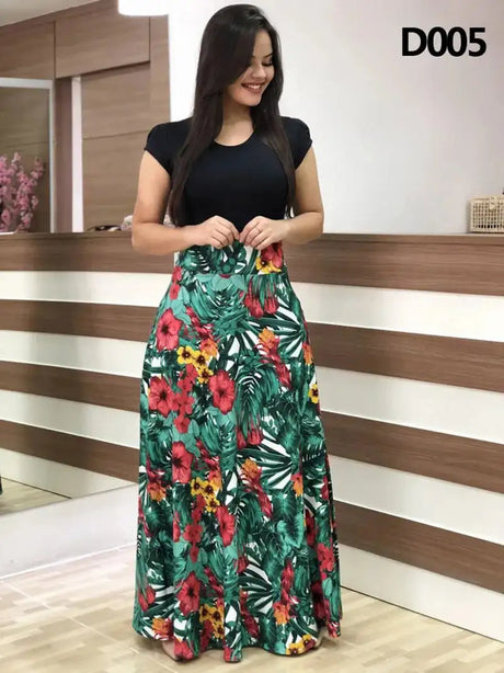 Women Floral Dot Print Patchwork Long Dress Summer Casual Short Sleeve O-Neck High Waist Robe Boho Beach Maxi Sundress Vintage - Lootquake