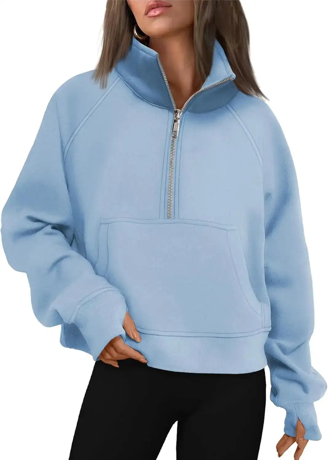 Womens Sweatshirts Half Zip Cropped Pullover Fleece Quarter Zipper Hoodies Fall outfits Clothes Thumb Hole - Lootquake