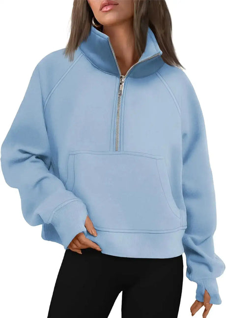 Womens Sweatshirts Half Zip Cropped Pullover Fleece Quarter Zipper Hoodies Fall outfits Clothes Thumb Hole - Lootquake