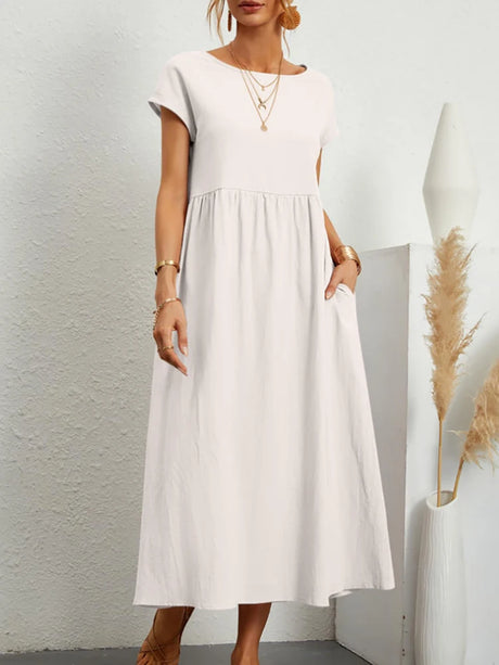 Women Elegant Solid Maxi Dress Summer Short Sleeve O Neck Vintage Harajuku Cotton Linen Loose Sundress Y2K Pockets Long Dress - Lootquake
