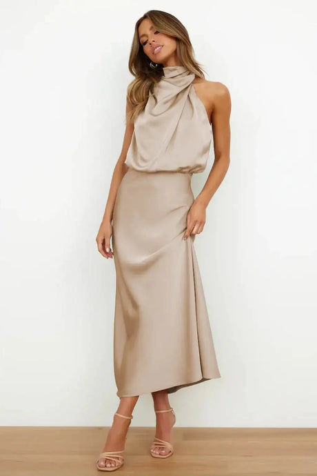 Summer High-End Silk Satin Sleeveless Long Dress Women Fashion Elegant Celebrity Dresses Evening Dress Party Clothes Ladies - Lootquake