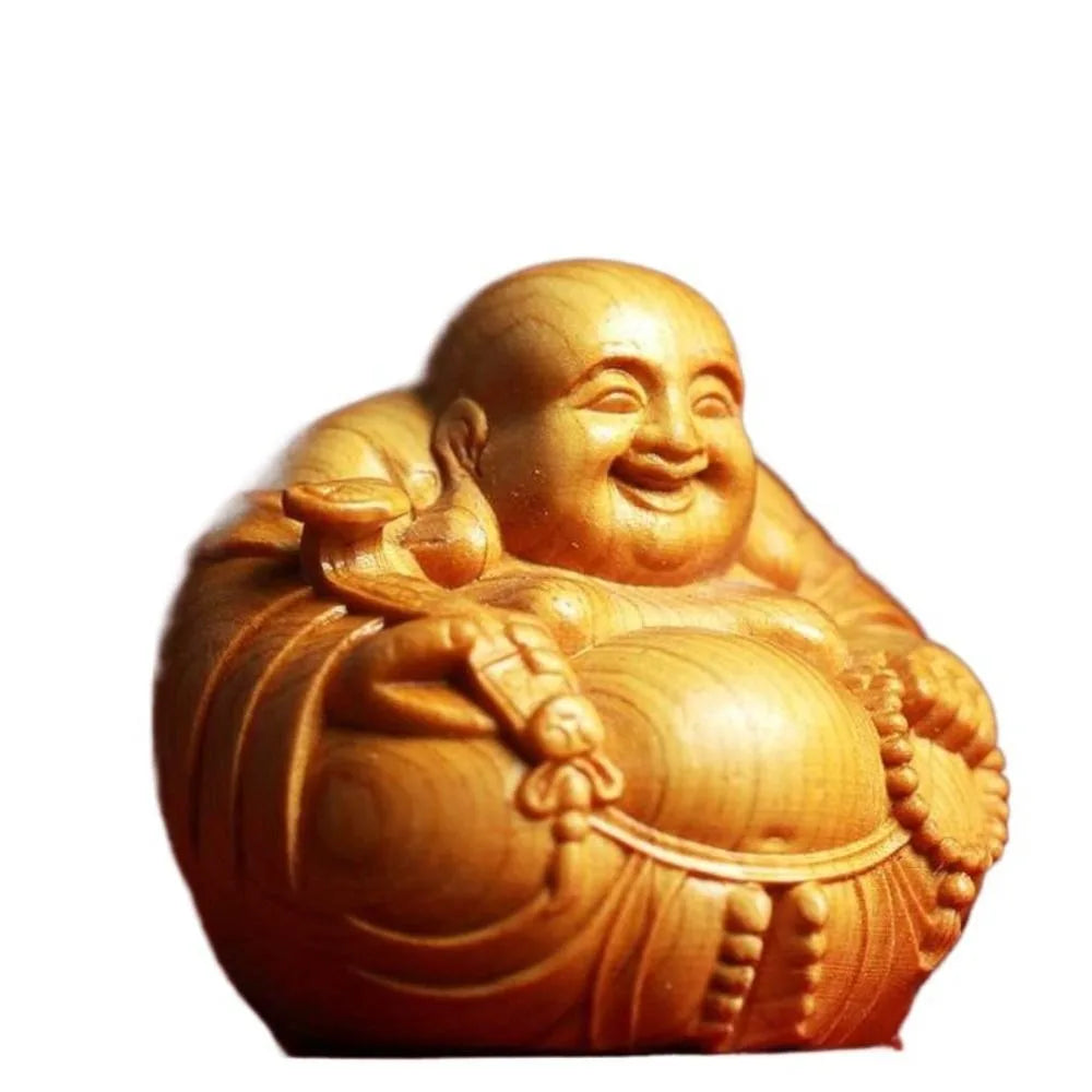 Home Decor Woodcarving Laughing Buddha Maitreya Sculpture Miniature Wooden Buddha Statue Craft Mini Handmade Statue Table Top