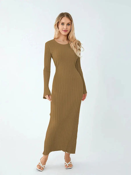 Women Spring Autumn Lace-up Knit Dress Elegant Long Sleeve Crew Neck Ribbed Solid Color Long Dress Streetwear - Lootquake