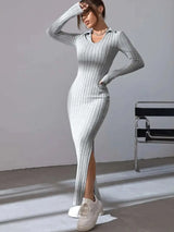 2024 Spring/Summer Knitted Dress Slim Fit Fashion Casual Women's Lapel Long sleeved Dress Concave Stripe Solid Color Long Dress - Lootquake