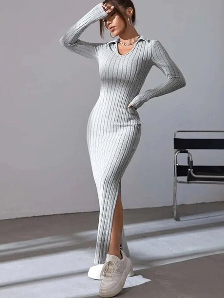 2024 Spring/Summer Knitted Dress Slim Fit Fashion Casual Women's Lapel Long sleeved Dress Concave Stripe Solid Color Long Dress - Lootquake