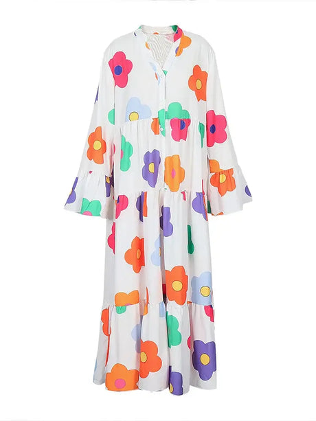 Plus Size New for Summer 2024 Women's Long Sleeve Floral Dress V-Neck Button Long Dress Long Sleeve Button Down Dress - Lootquake