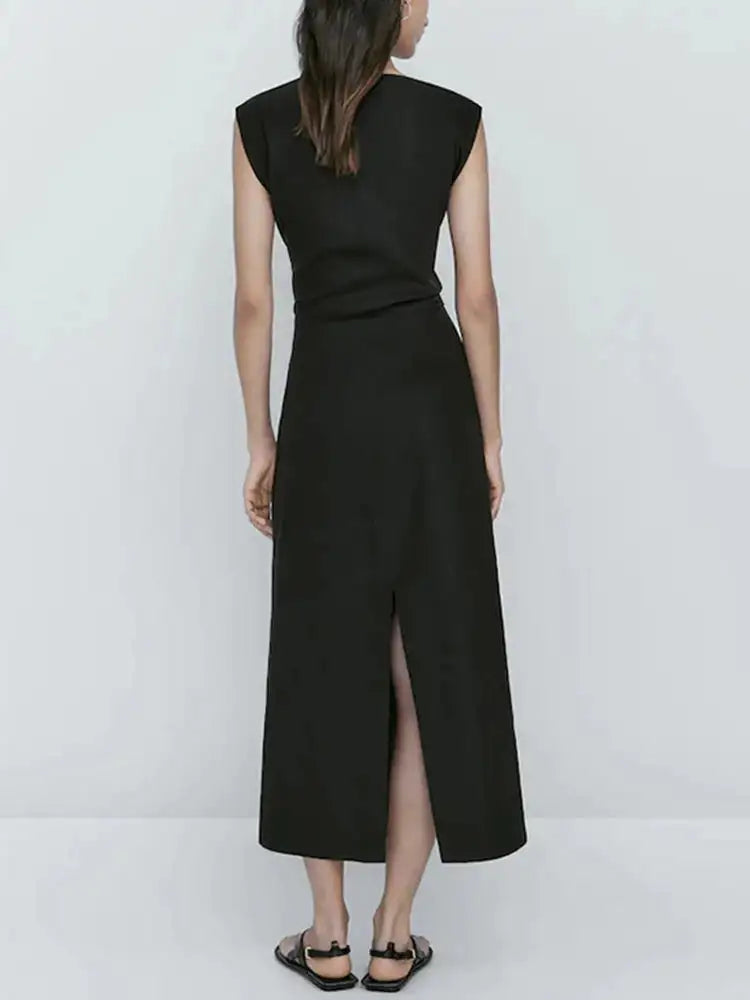 TRAF Women's Long Sleeveless Dress Black Fashion Linen Blend Shrinking Pleated Long Dress Temperament Elegant Women's Clothing - Lootquake