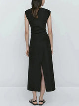 TRAF Women's Long Sleeveless Dress Black Fashion Linen Blend Shrinking Pleated Long Dress Temperament Elegant Women's Clothing - Lootquake