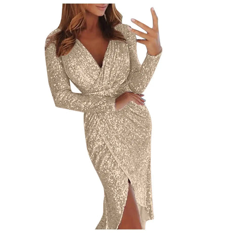 Elegant Women Evening Party Dress Shiny Sequin Deep V-Neck Nightclub Formal Dress Bodycon Irregular Hem Long Dress For Wedding - Lootquake