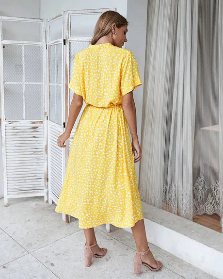 Vintage Floral Print Dress Women Boho Short Sleeve Long Dress Turn Down Collar Casual Waistband Shirt Dresses Robe 2021 Summer - Lootquake