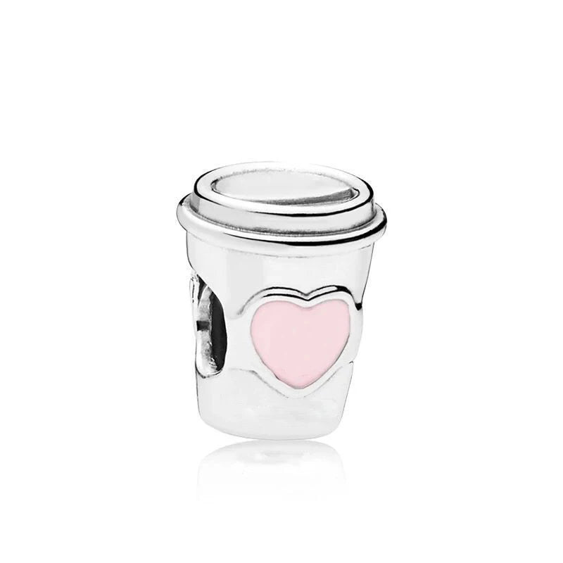 Dije de plata de ley 925 con forma de café, vino tinto, cafetera, copa de champán, compatible con pulseras colgantes originales, joyería DIY para mujer.