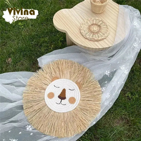 Nordic Hand Woven Lion Wall Hanging Ornaments Cartoon Animal Head Straw Weaving Children Room Wall Decor Tent Party Decoration - Lootquake