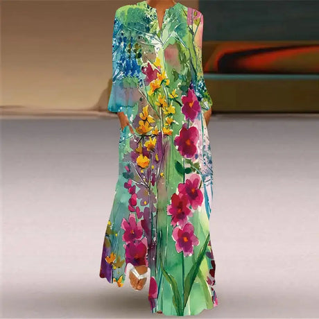 Women Autumn Winter Long Dress Elegant Party Casual V Neck Long Sleeve Vestids Style Loose Stripe Printing Vintage Maxi Dresses - Lootquake