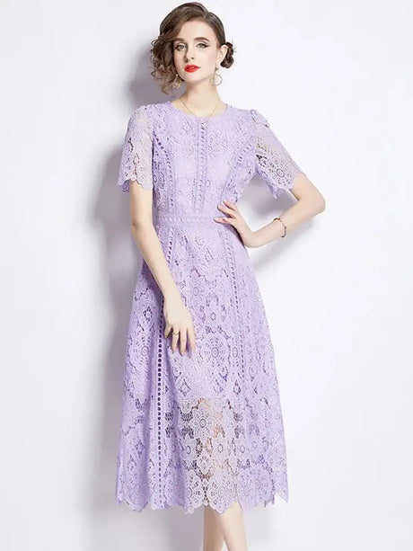 SMTHMA Vintage High-End O-Neck Short Sleeve Lace Hollow Out Dress For Women's Summer Slim Elegant Long Dress Female Clothing - Lootquake