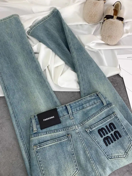 Blue Women Jeans Streetwear Vintage Fashion High Waisted Wide Leg Jean Female Trouser Letter Hip Hop Baggy Blue Denim Pants - Lootquake