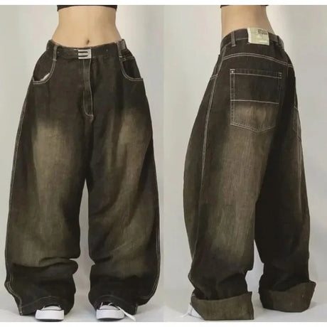 2023 New American Harajuku retro skull print straight high waist Y2K women's washed grey jeans Streetwear Gothic wide trousers - Lootquake