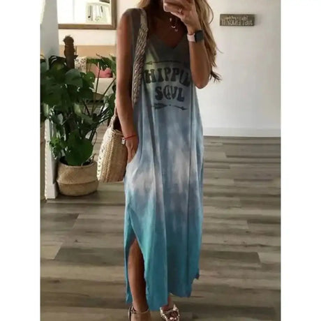 Women's Oversized Sleeveless Pocket Long Dress Women's Tie Dyed Letter Long Dress Casual Loose Slit Gradient Printed Dress - Lootquake