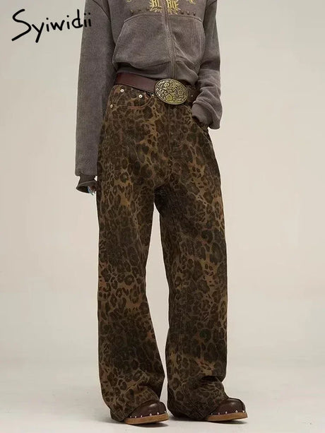 Syiwidii Leopard Print Y2k Jeans Women Oversized Wide Leg Denim Trousers Streetwear Hip Hop Vintage Loose Baggy Designer Jeans - Lootquake