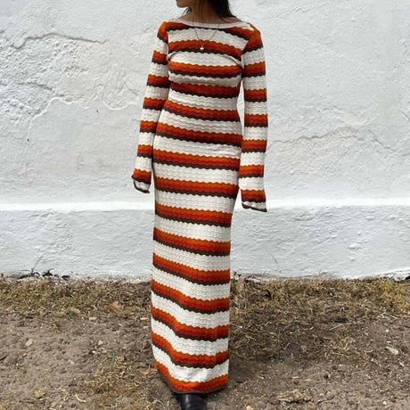 Knitting Hollow Out Dresses Women's Striped Contrast Dresses Beach Vacation Sexy Long Dress Autumn And Winter Sweater Dress - Lootquake