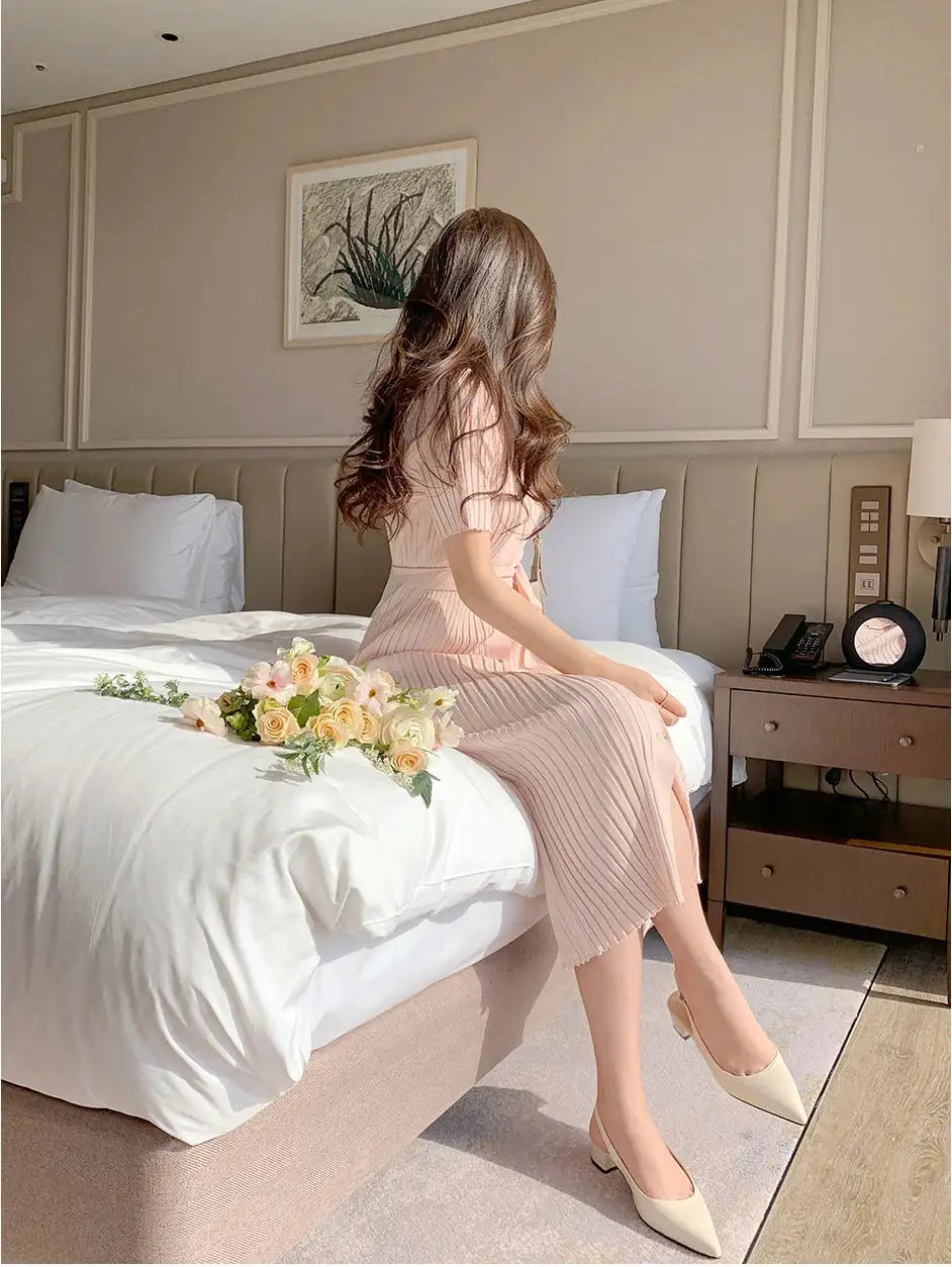 Elegant Summer Sweet Sle Turn-down Collar Single-button Thin Ice Silk Short-sleeve Knitted Long Dress Women's Fashion - Lootquake