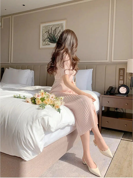 Elegant Summer Sweet Sle Turn-down Collar Single-button Thin Ice Silk Short-sleeve Knitted Long Dress Women's Fashion - Lootquake