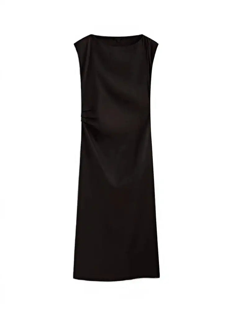 TRAF Women's Long Sleeveless Dress Black Fashion Linen Blend Shrinking Pleated Long Dress Temperament Elegant Women's Clothing - Lootquake