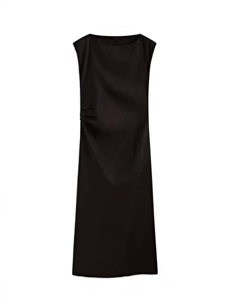 TRAF Women's Long Sleeveless Dress Black Fashion Linen Blend Shrinking Pleated Long Dress Temperament Elegant Women's Clothing - Lootquake