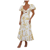 Summer V Neck Cutout Floral Print Dresses Elegant Women Puff Short Sleeve Casual Dress Pleated Waisted Swing Beach Long Dress - Lootquake