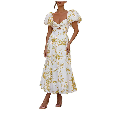 Summer V Neck Cutout Floral Print Dresses Elegant Women Puff Short Sleeve Casual Dress Pleated Waisted Swing Beach Long Dress - Lootquake