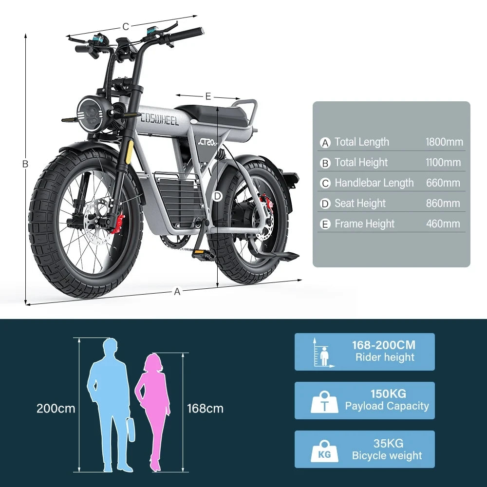Bicicleta eléctrica para adultos Coswheel GT20S, 1500 W, 48 V, 27,5 Ah, para desplazamientos diarios, bicicleta de montaña eléctrica con neumáticos anchos de 20 pulgadas.