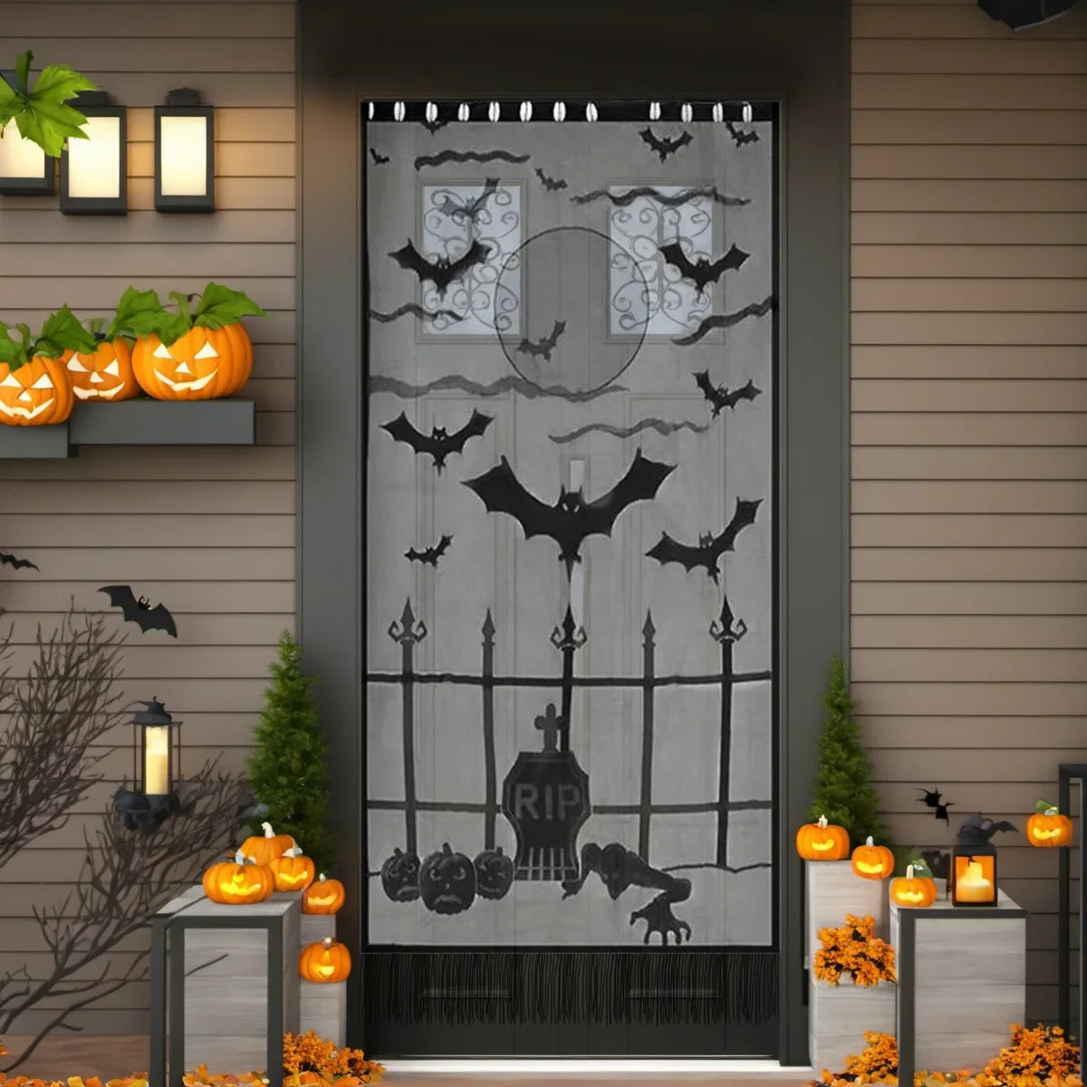 Halloween Window Decorations Halloween Door Curtain Skeleton & Bat Black Lace Panel for Haunted House Decor