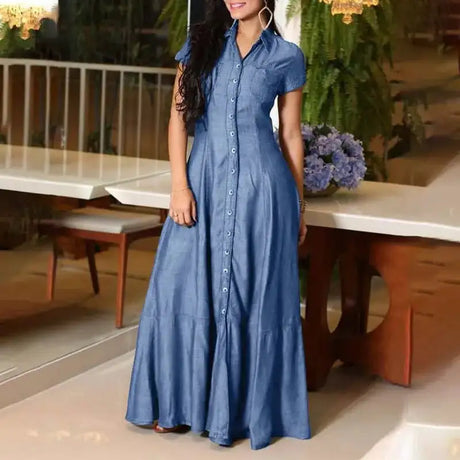 2023 Fashion New Long Dress Shirt Neck Pocket Large Swing Dress Casual Elegant Temperament Single Breasted Denim Dress - Lootquake