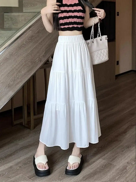 Spring 2024 New Women's Petite Black Umbrella Skirt High-waisted A- line White Dress Long Dress Drape Sense - Lootquake
