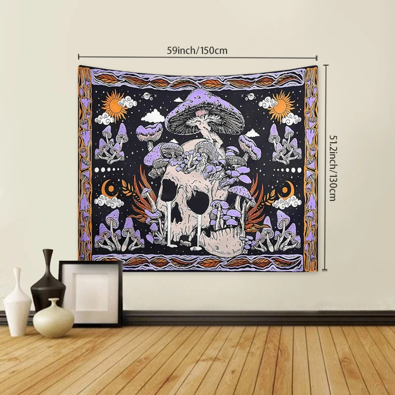1pc Skeleton mushroom pattern tapestry, moon sun mandala tapestry, room decoration wall hanging