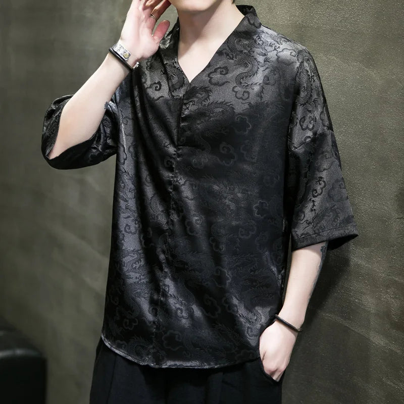 M-5XL Plus Size Men Dragon Pattern Shirt Short Sleeve V Neck Summer Streetwear Stain Chinese Pullover Blouse for Men XXXXXL - Lootquake