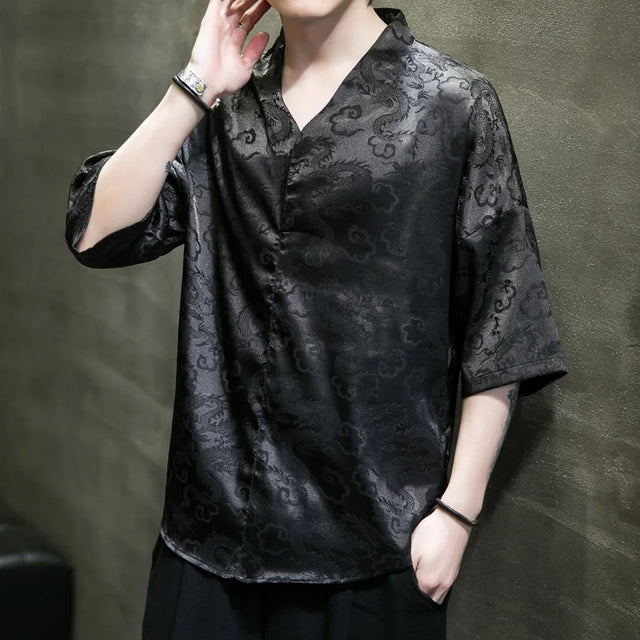 M-5XL Plus Size Men Dragon Pattern Shirt Short Sleeve V Neck Summer Streetwear Stain Chinese Pullover Blouse for Men XXXXXL - Lootquake